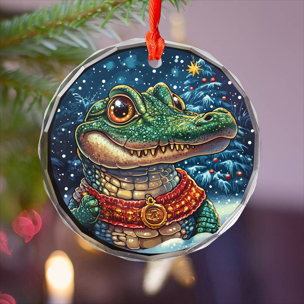 Beautiful Angus Alligator Christmas Night Design 3 Glass Ornament