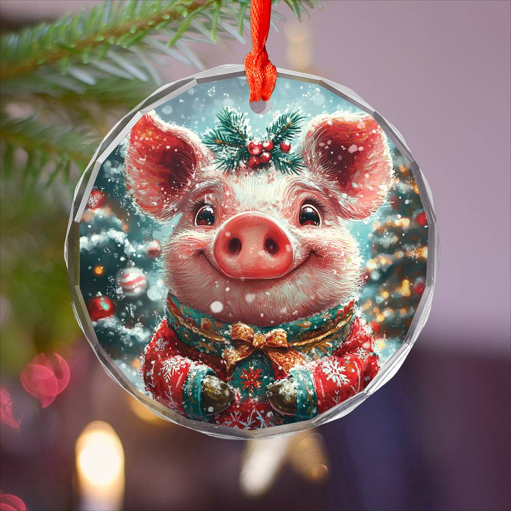 Beautiful Pig Christmas Night Design 4 Glass Ornament