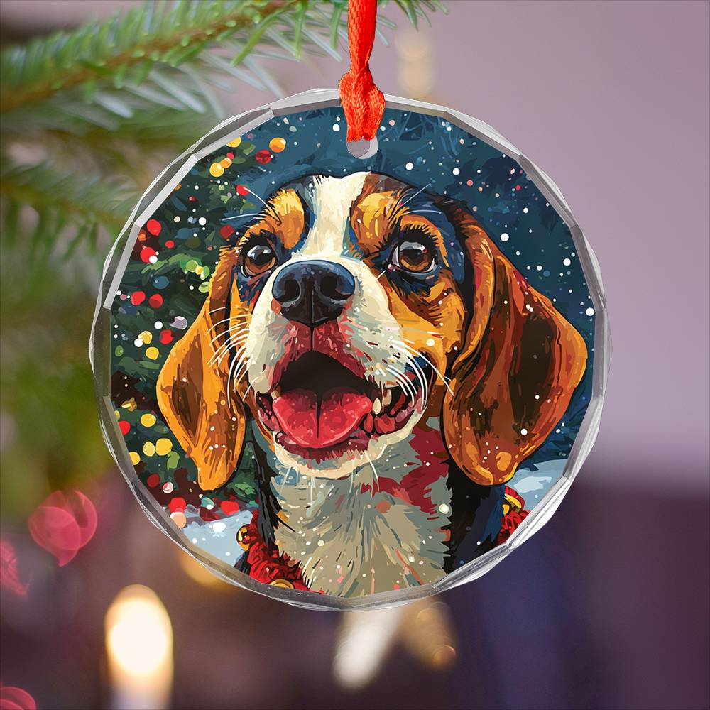 Beautiful Angus Beagle Dog Christmas Night Design 2 Glass Ornament