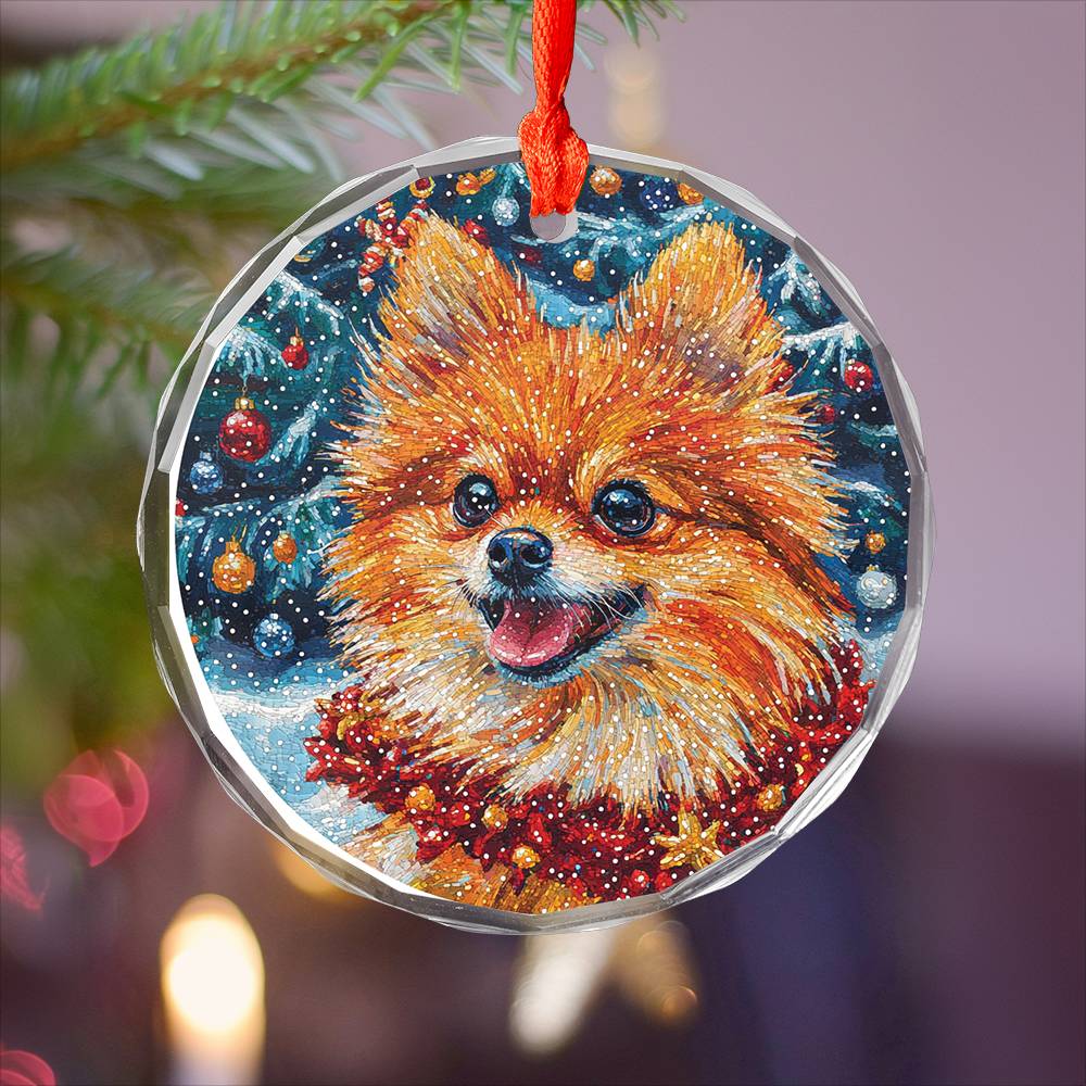 Beautiful Angus Pomeranian Dog Christmas Night Design 2 Glass Ornament