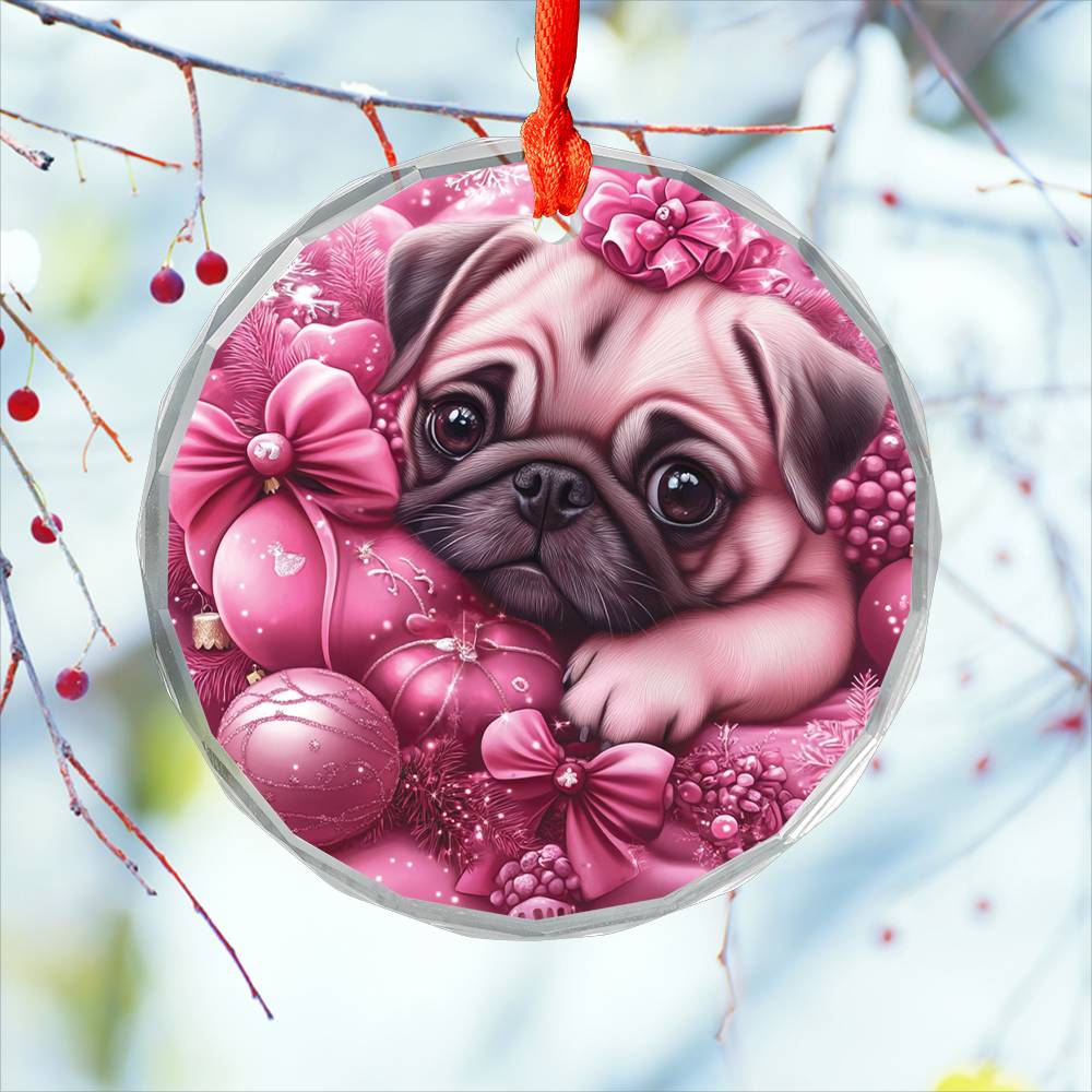 Pug Dog Pink Christmas Design 4 Glass Ornament