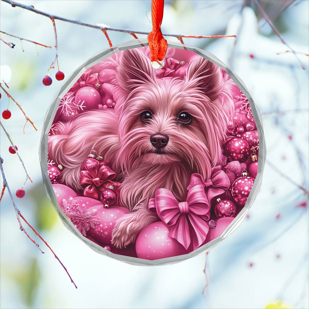 Yorkshire Terrier Dog Pink Christmas Design 2 Glass Ornament