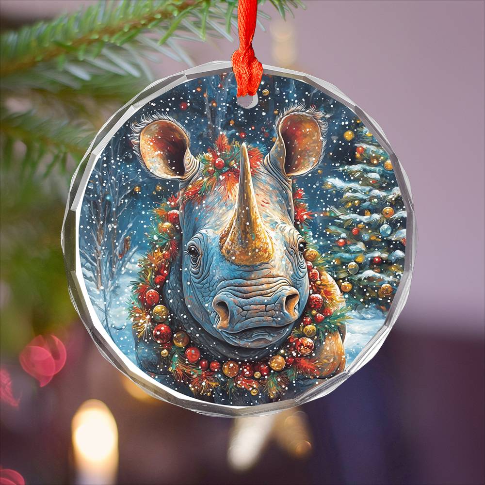 Beautiful Rhino Christmas Night Design 4 Glass Ornament