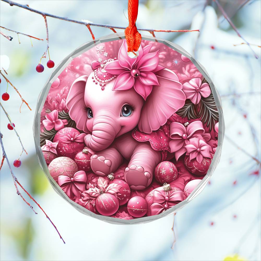 Elephant Pink Christmas Design 1 Glass Ornament