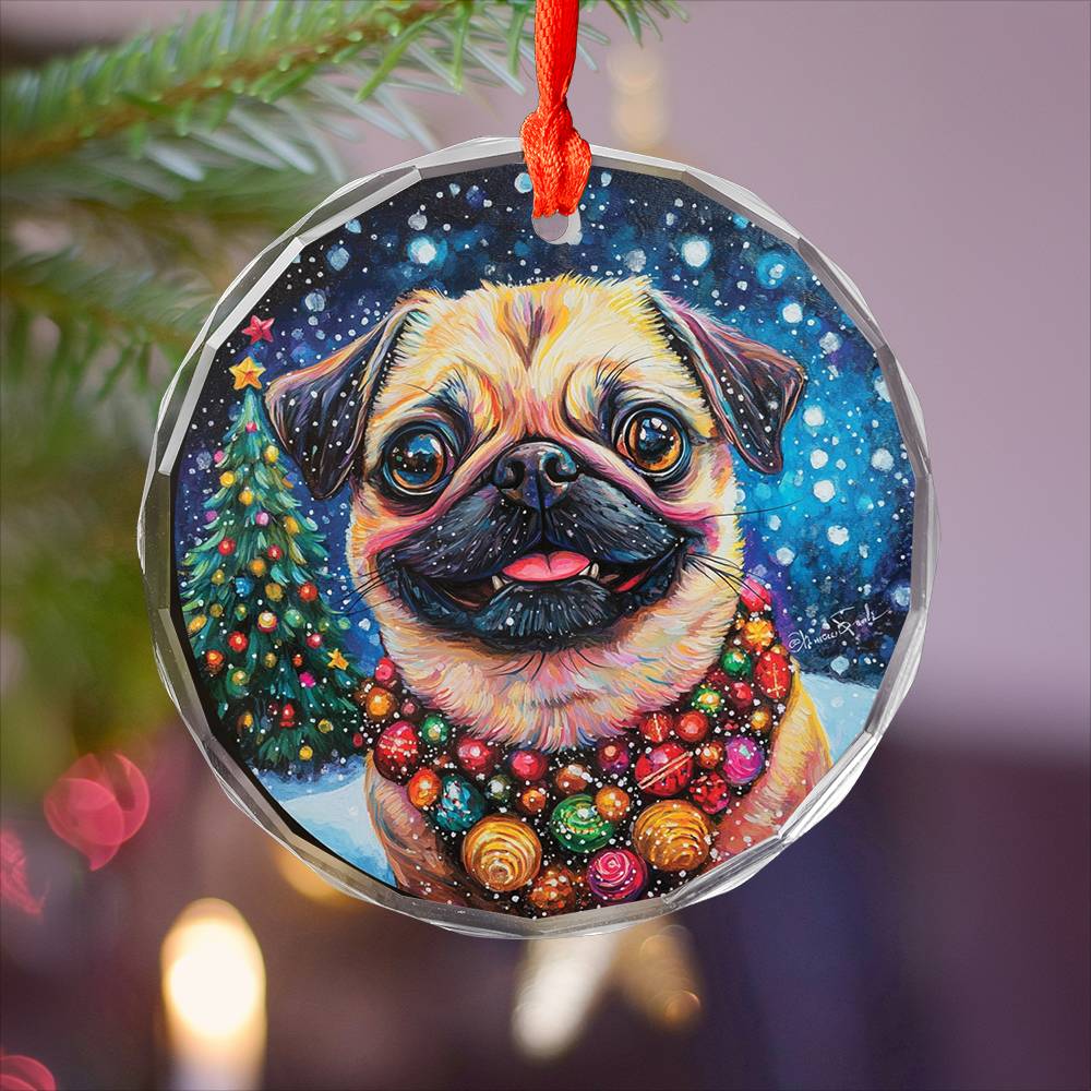 Beautiful Pug Dog Christmas Night Design 3 Glass Ornament