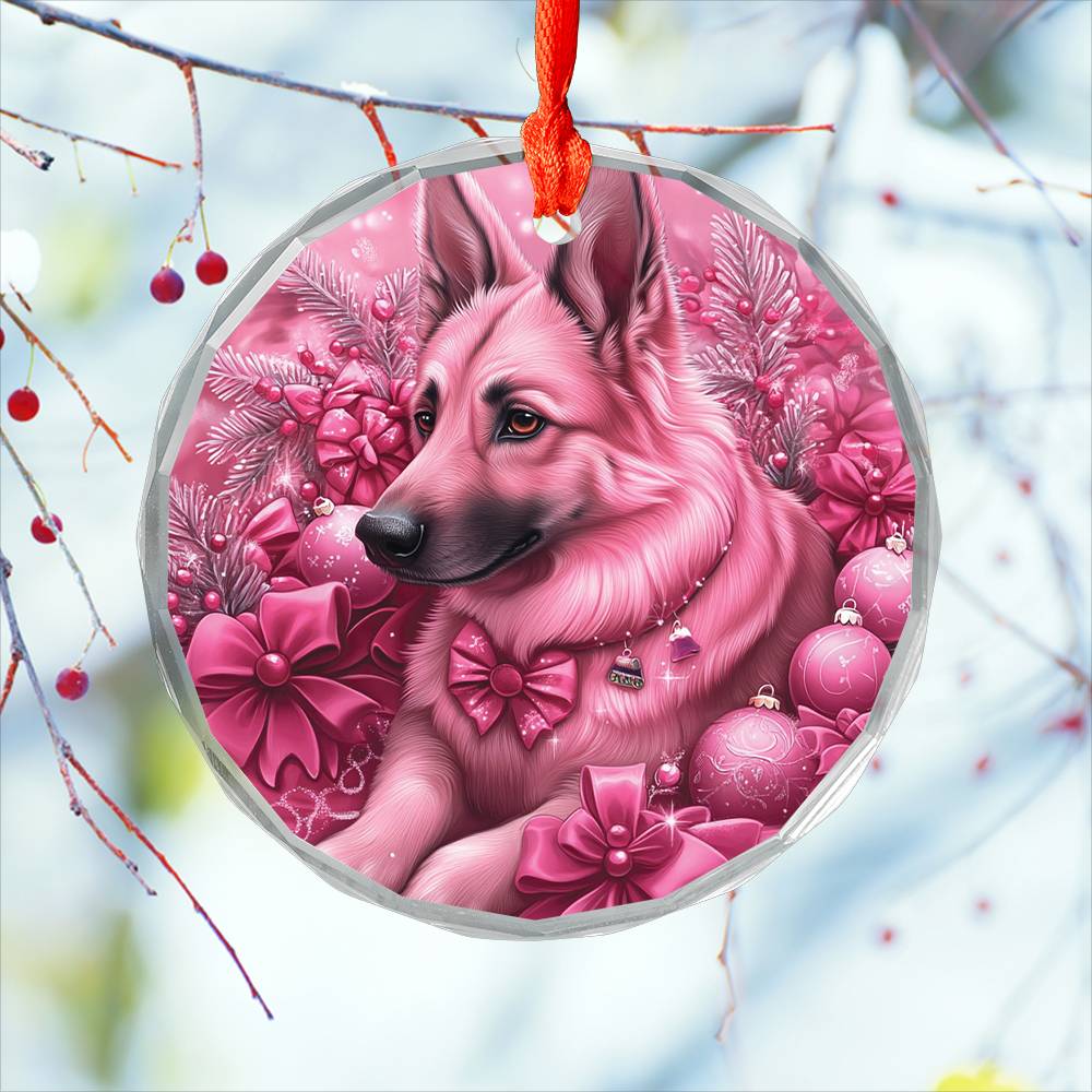 German Shepherd Dog Pink Christmas Design 3 Glass Ornament