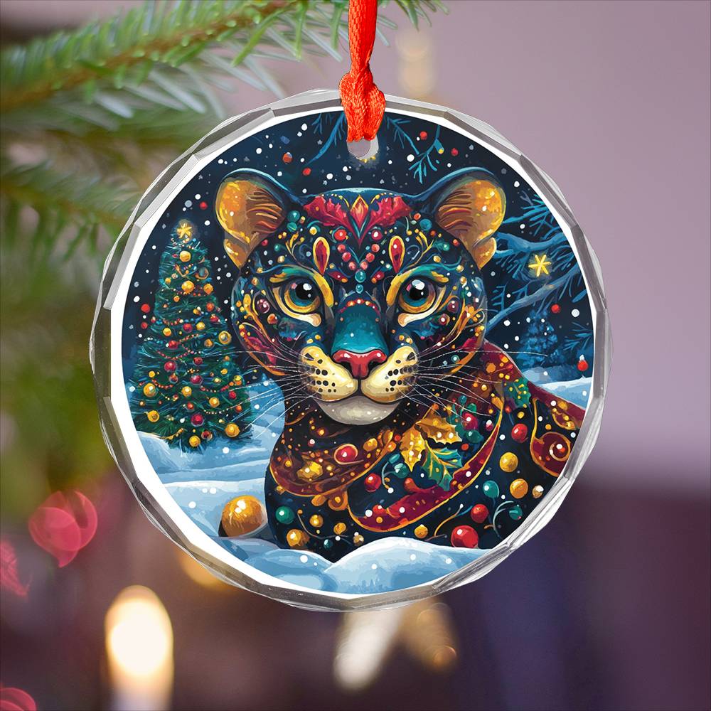 Beautiful Panther Christmas Night Design 4 Glass Ornament