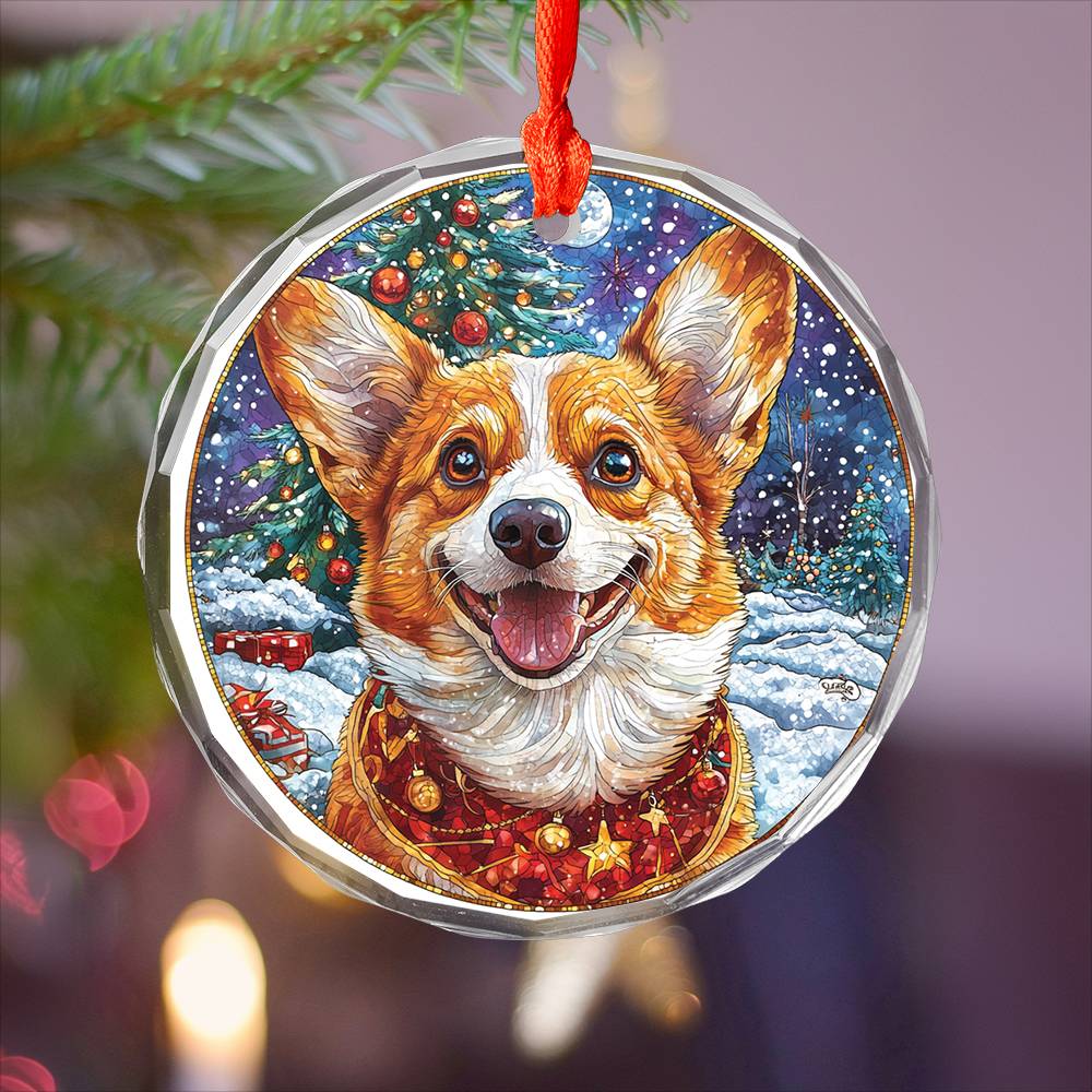 Beautiful Angus Corgi Dog Christmas Night Design 4 Glass Ornament