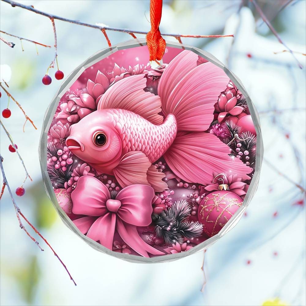 Goldfish Pink Christmas Design 1 Glass Ornament