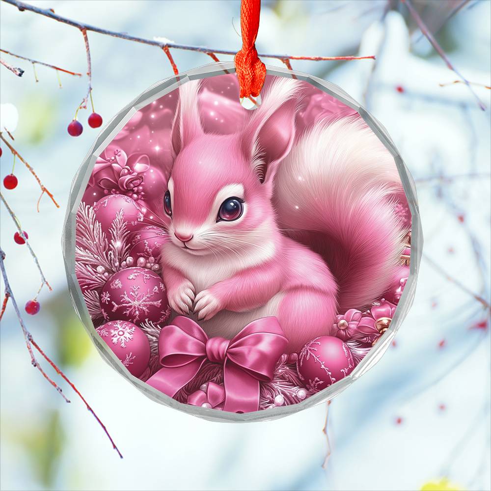 Squirrel Pink Christmas Design 4 Glass Ornament