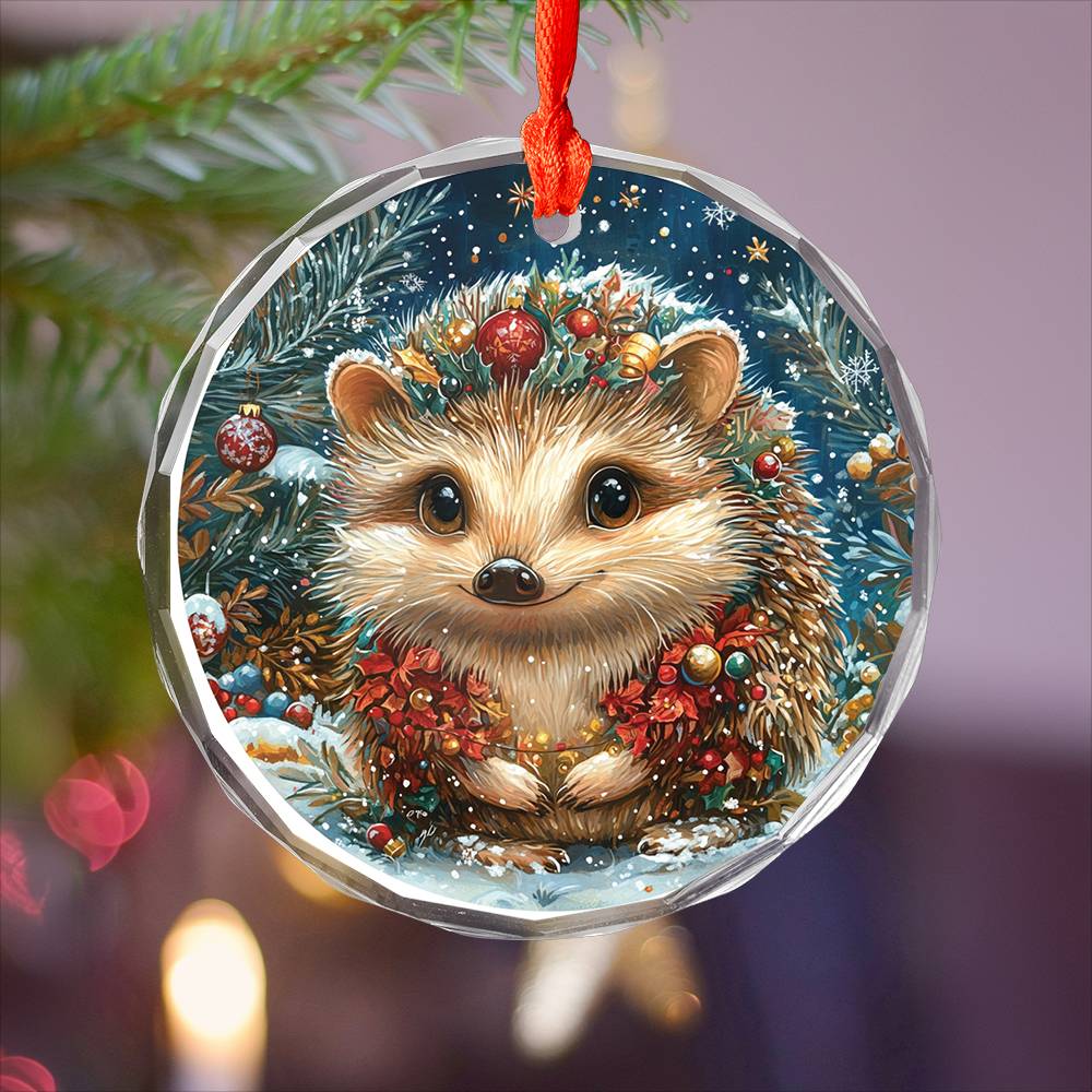 Beautiful Angus Hedgehog Christmas Night Design 4 Glass Ornament
