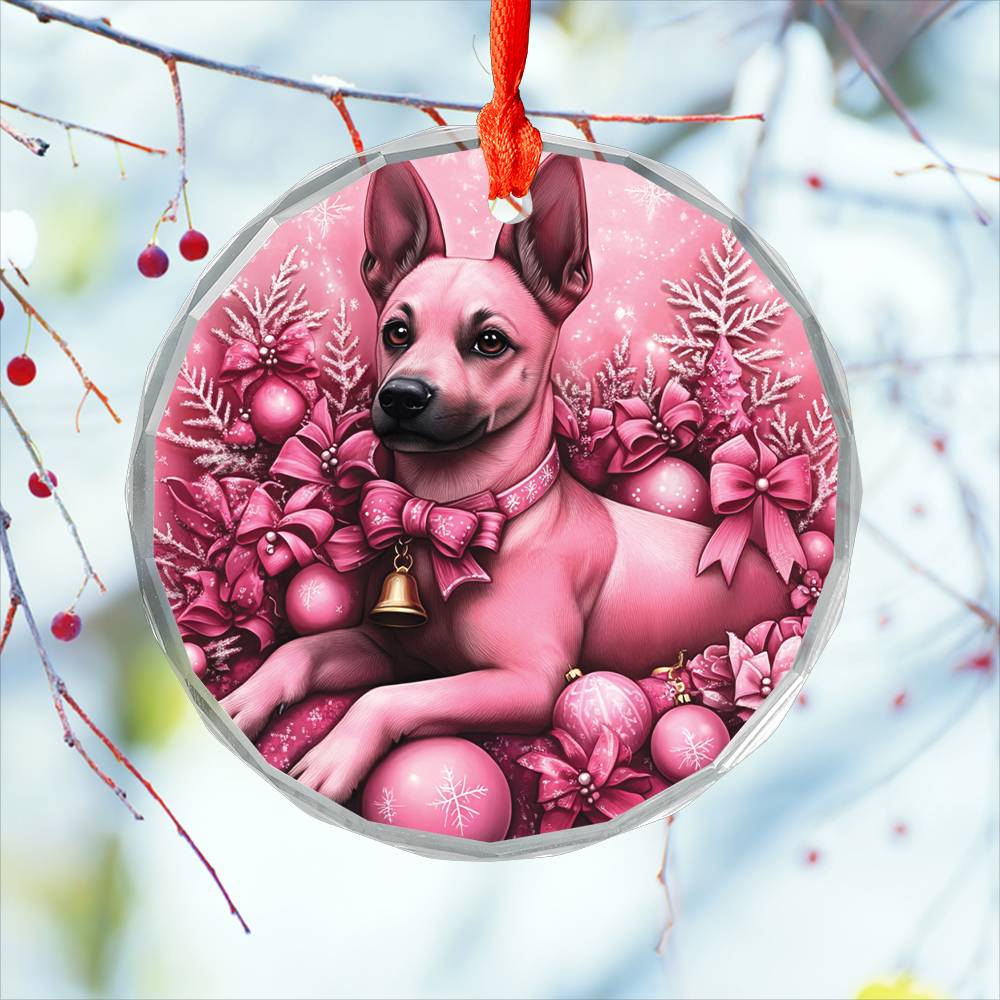 Belgian Malinoi Dog Pink Christmas Design 3 Glass Ornament