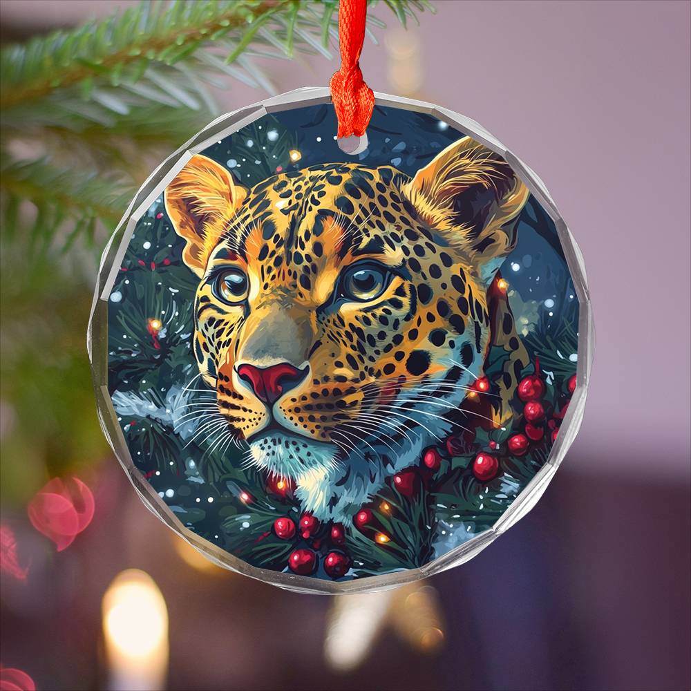 Beautiful Leopard Christmas Night Design 4 Glass Ornament