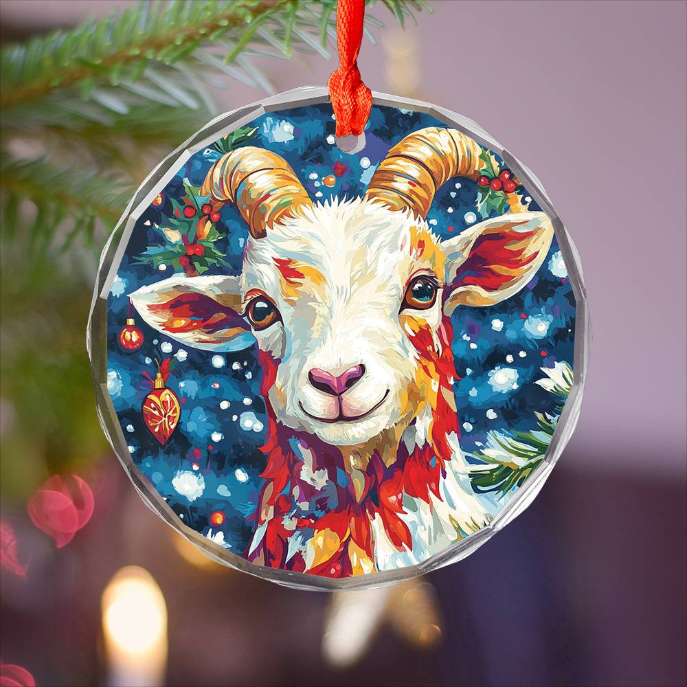 Beautiful Goat Christmas Night Design 1 Glass Ornament