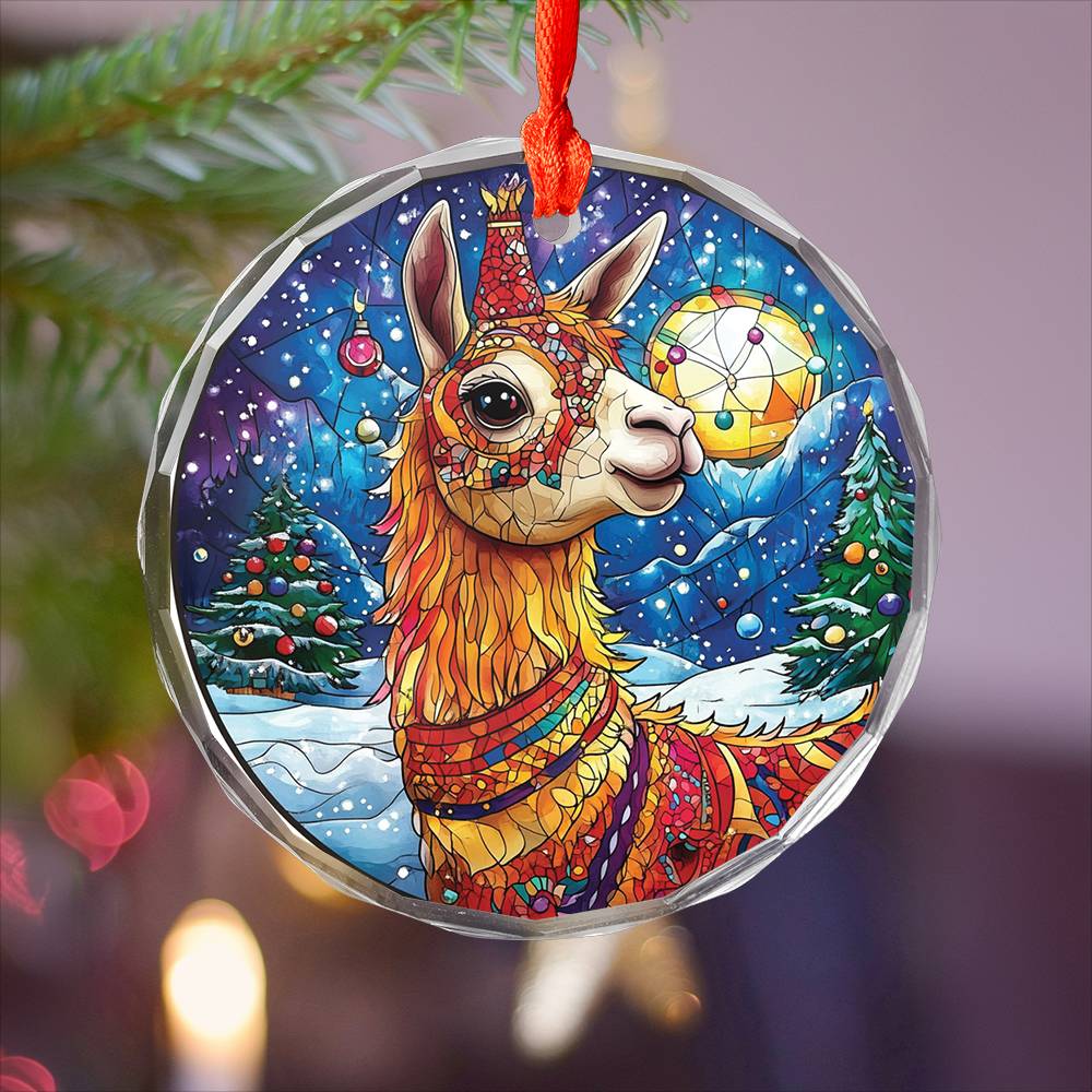 Beautiful Llama Christmas Night Design 4 Glass Ornament