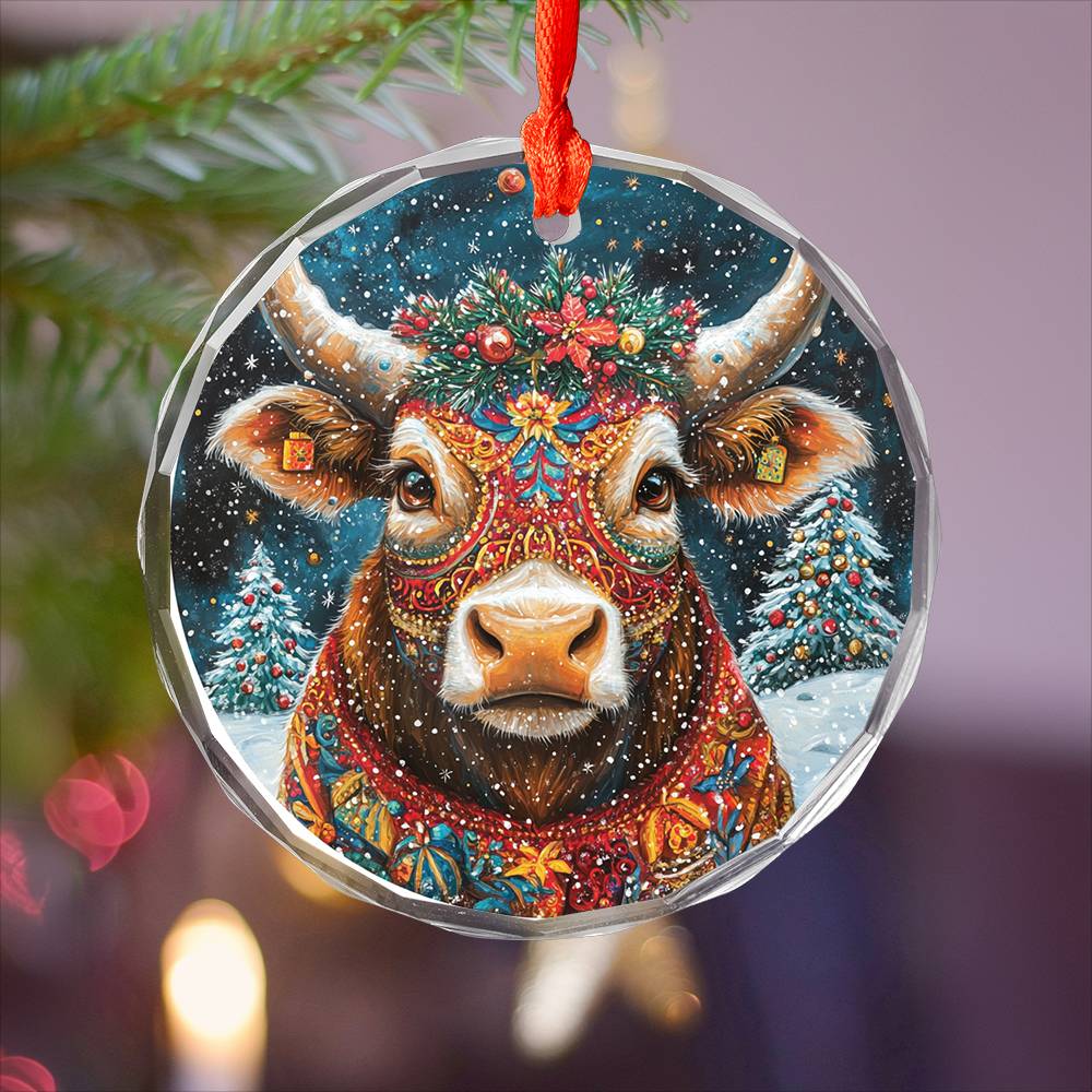 Beautiful Bull Christmas Night Design 4 Glass Ornament