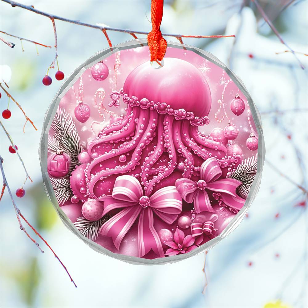 Jellyfish Pink Christmas Design 2 Glass Ornament