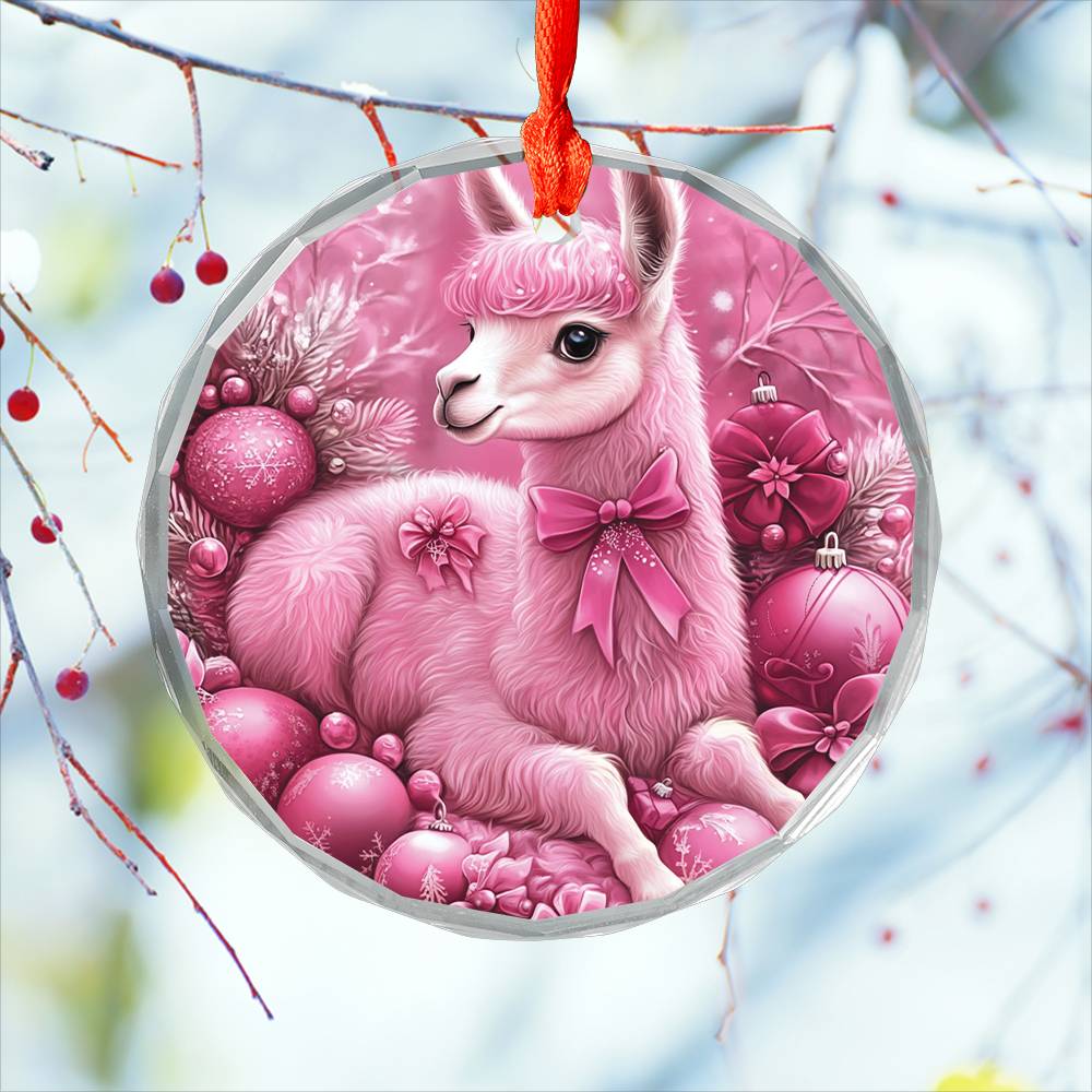 Alpaca Pink Christmas Design 3 Glass Ornament