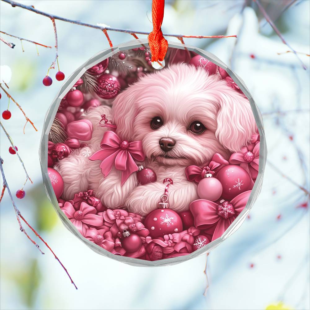Bichon Frise Dog Pink Christmas Design 2 Glass Ornament