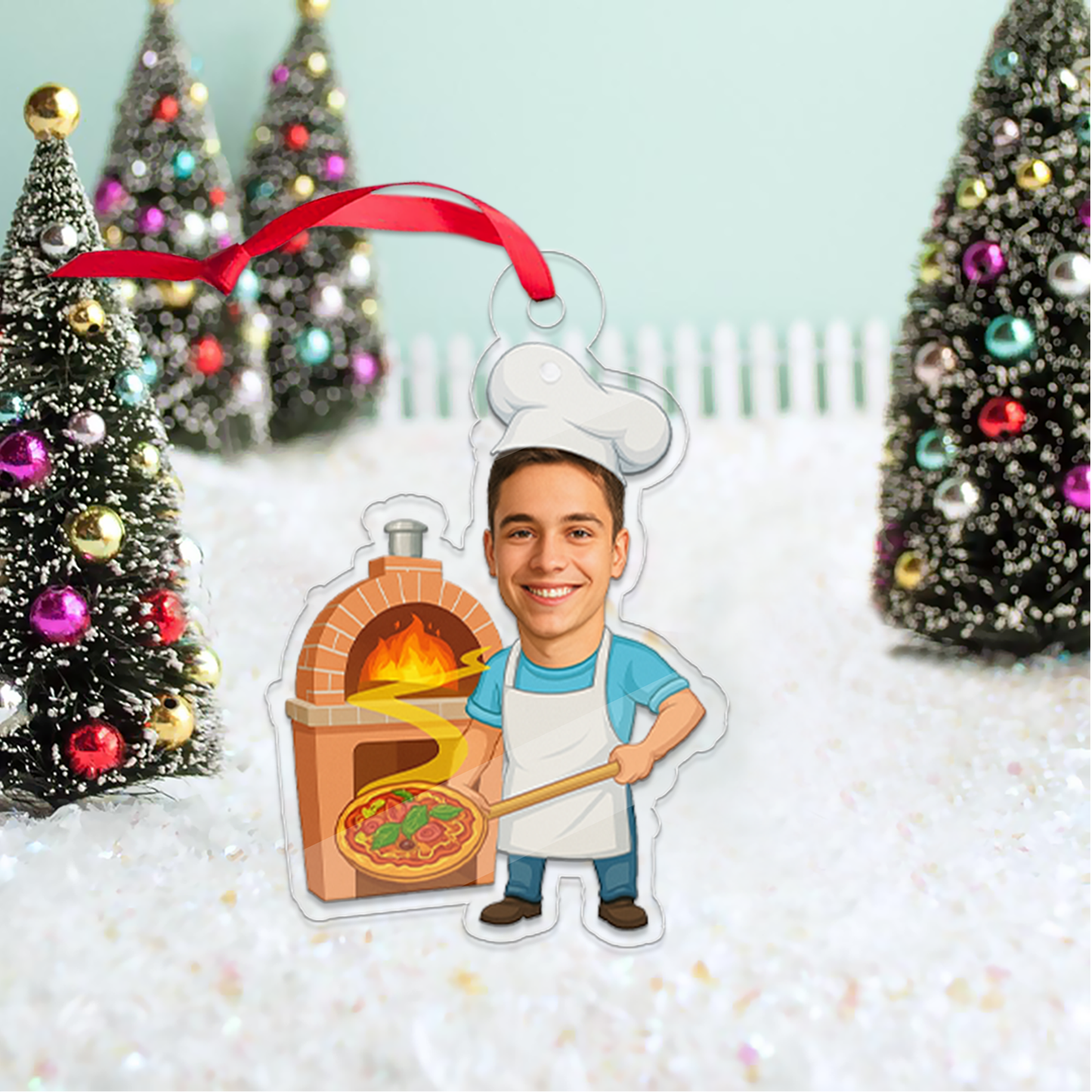 Custom Photo Pizza Maker Ornament, Personalized Photo Baker Portrait, Pizza Lovers Christmas Ornament