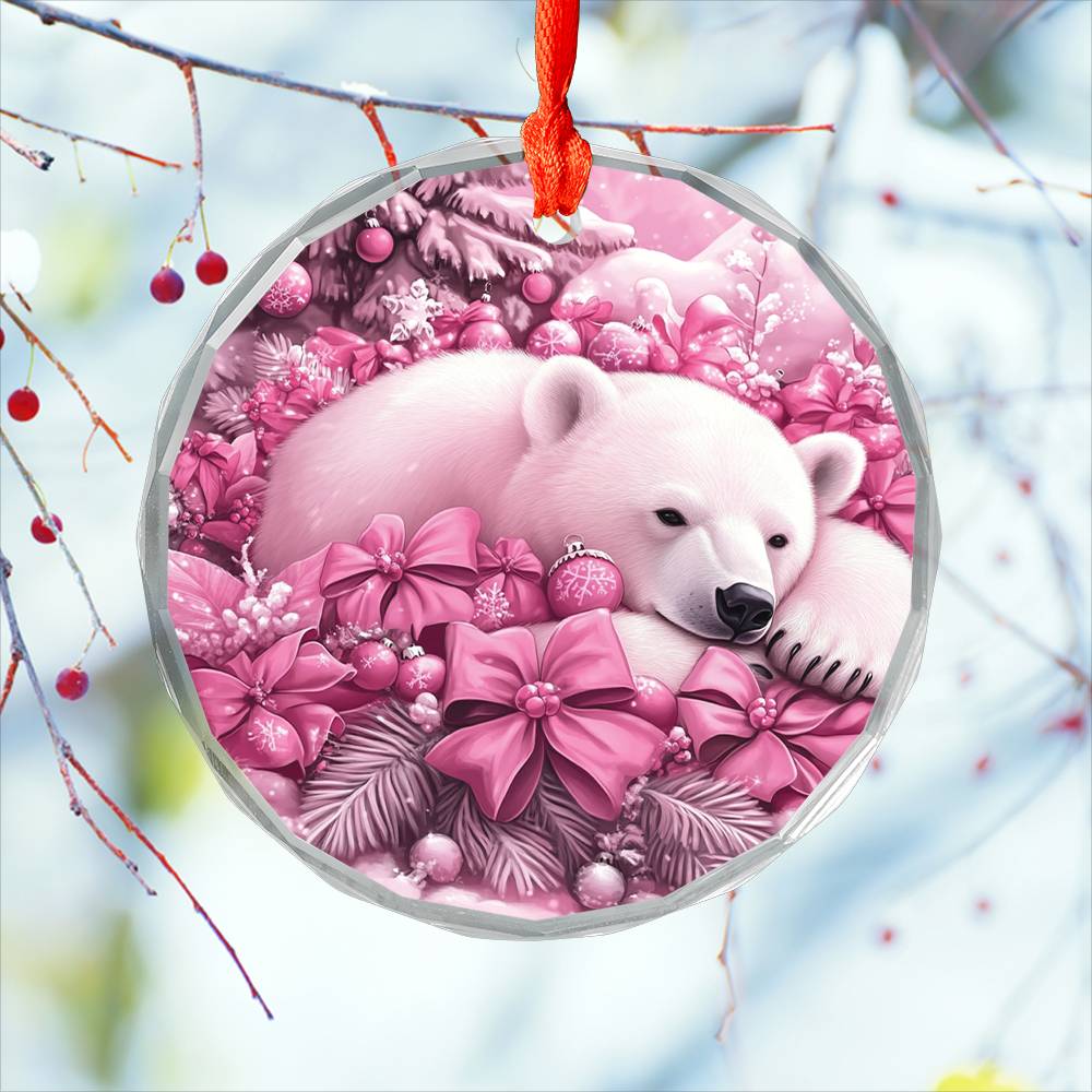 Pola Bear Pink Christmas Design 1 Glass Ornament