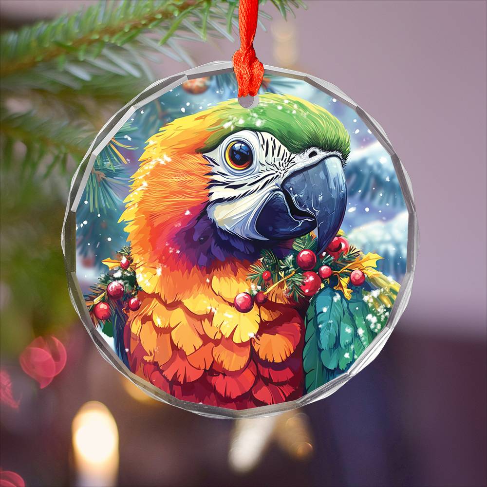 Beautiful Parrot Christmas Night Design 3 Glass Ornament