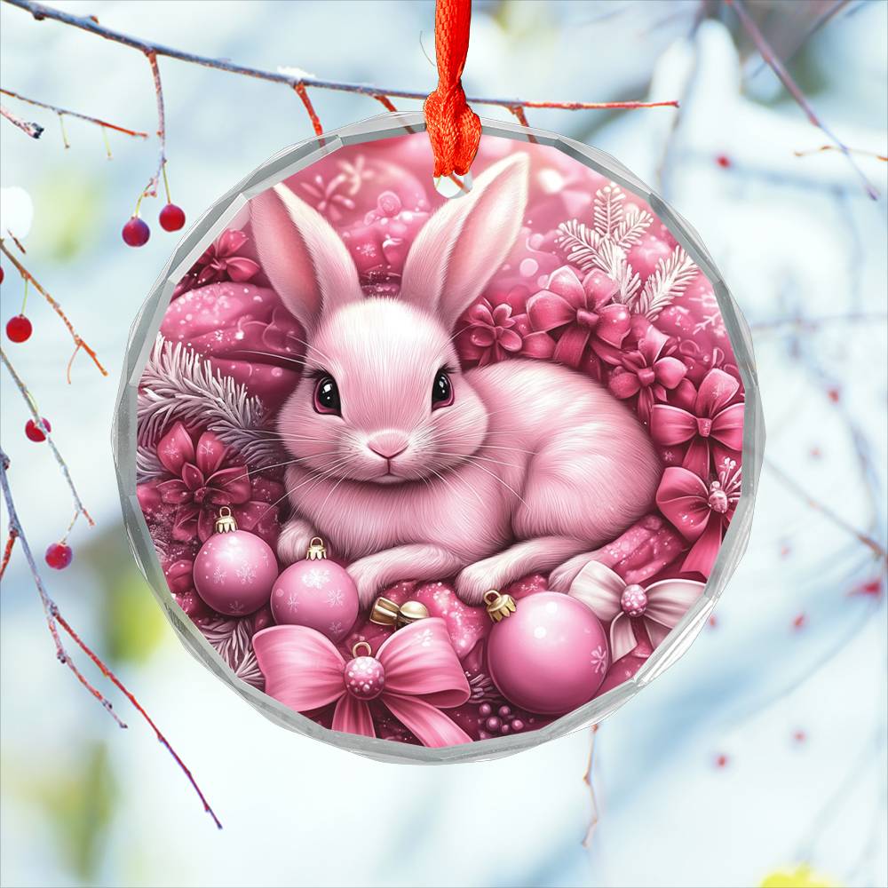 Rabbit Pink Christmas Design 1 Glass Ornament