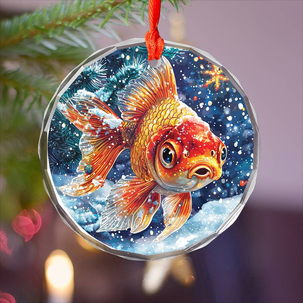 Beautiful Angus Goldfish Christmas Night Design 3 Glass Ornament