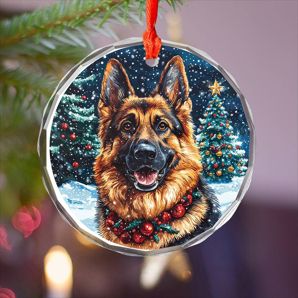 Beautiful Angus German Shepherd Dog Christmas Night Design 4 Glass Ornament