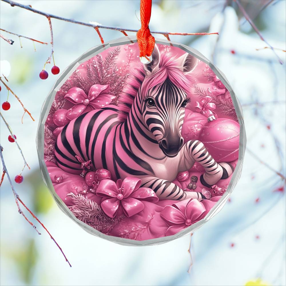 Zebra Pink Christmas Design 3 Glass Ornament