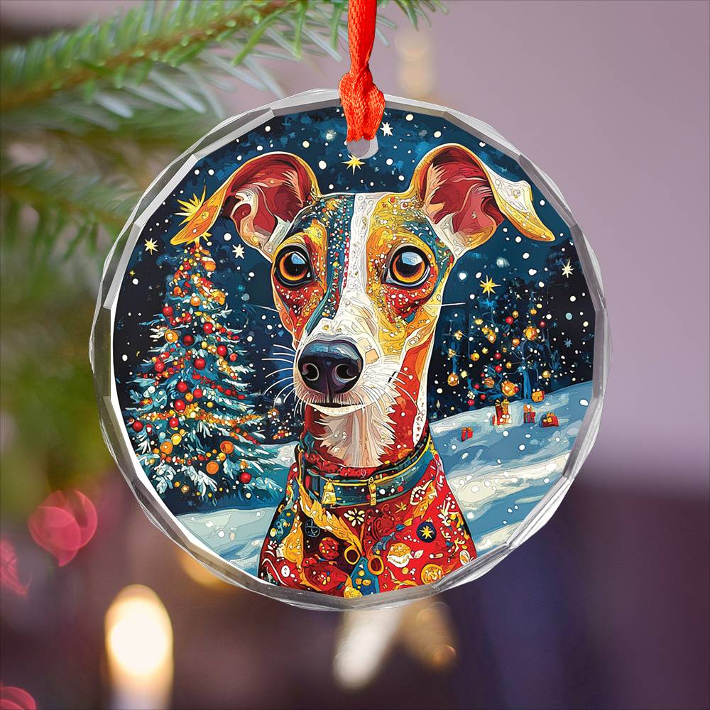 Beautiful Whippet Dog Christmas Night Design 4 Glass Ornament