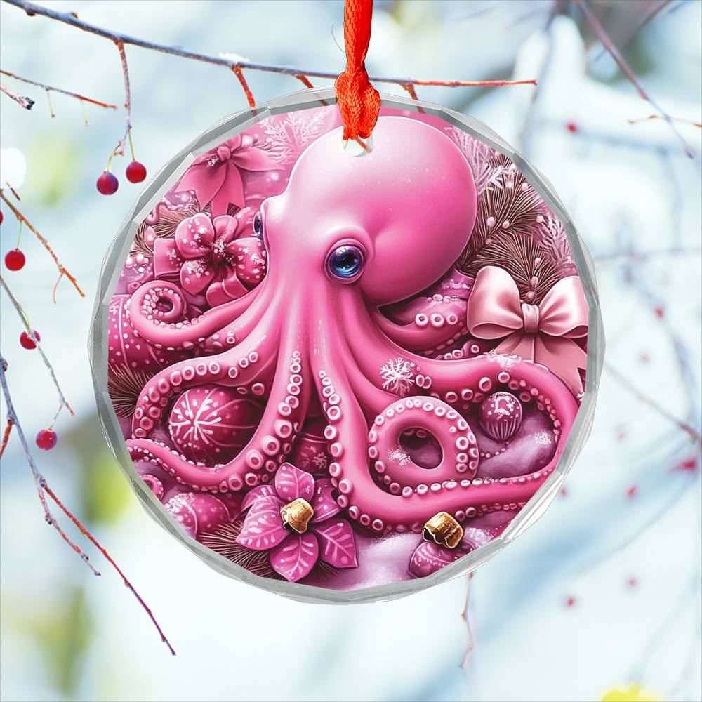 Octopus Pink Christmas Design 3 Glass Ornament