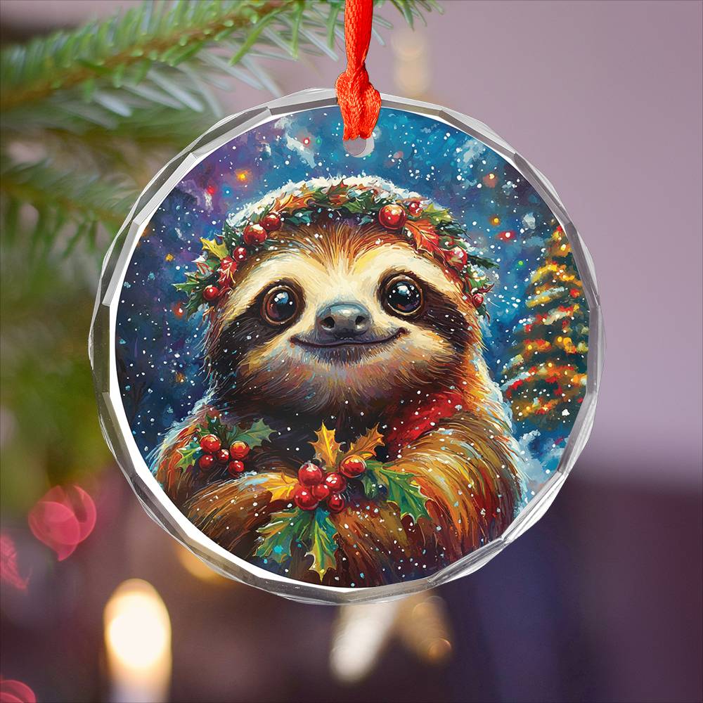 Beautiful Angus Sloth Christmas Night Design 1 Glass Ornament