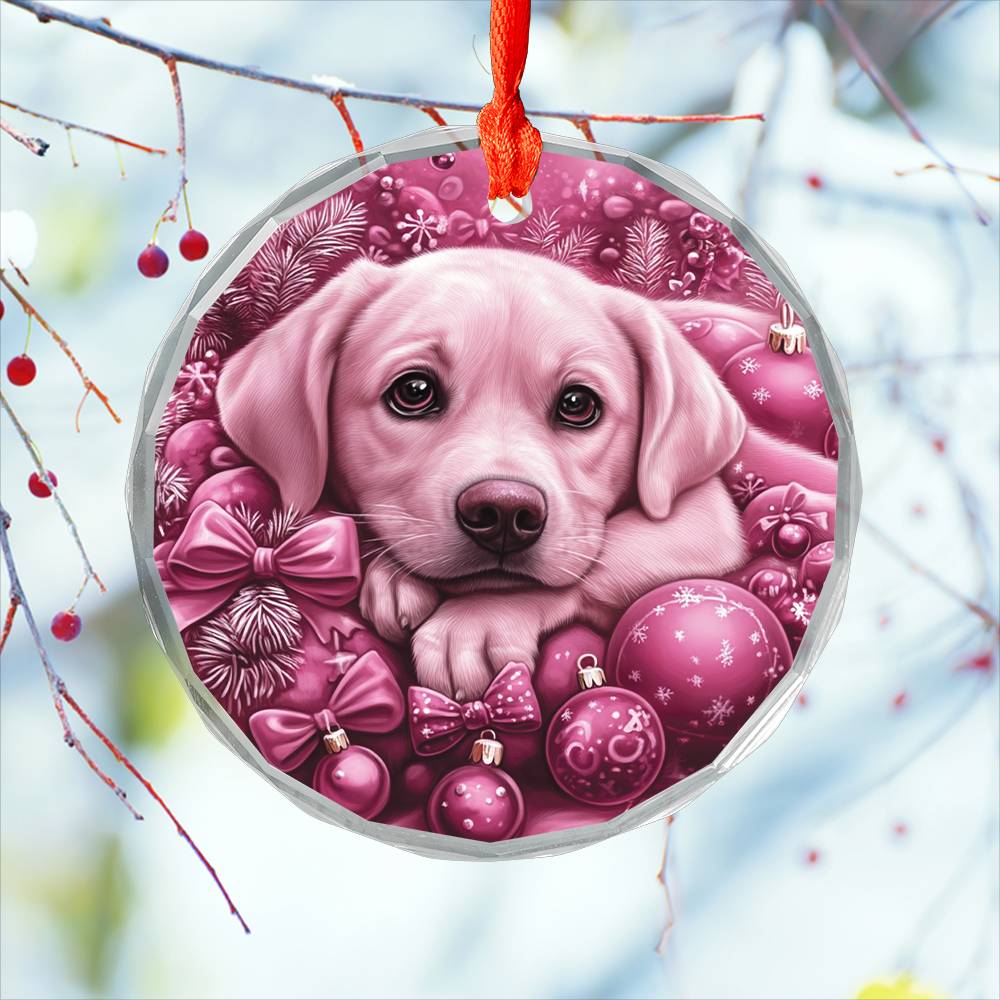 Labrador Retriever Dog Pink Christmas Design 3 Glass Ornament
