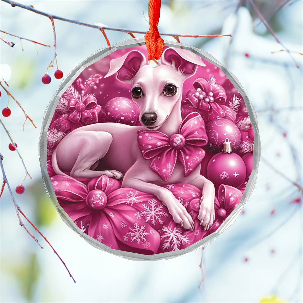 Whippet Dog Pink Christmas Design 3 Glass Ornament