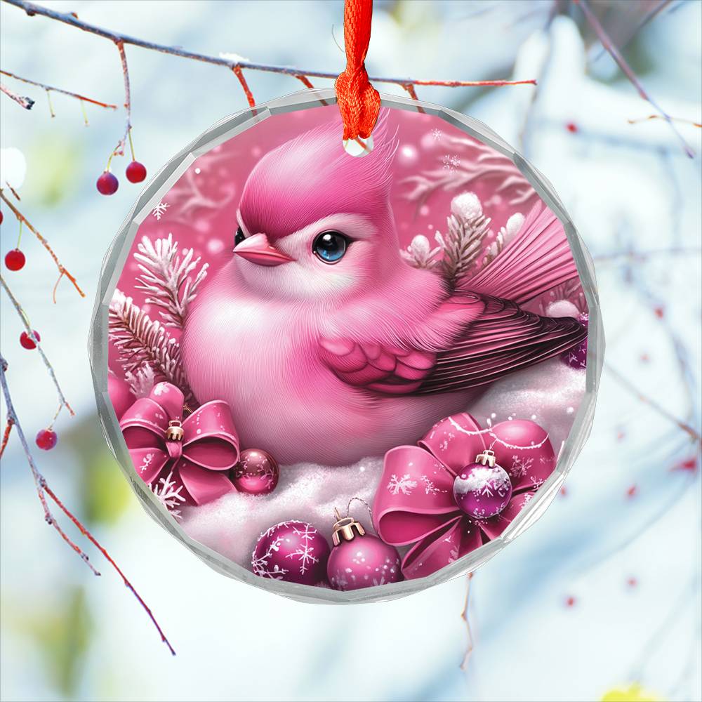 Songbird Pink Christmas Design 1 Glass Ornament
