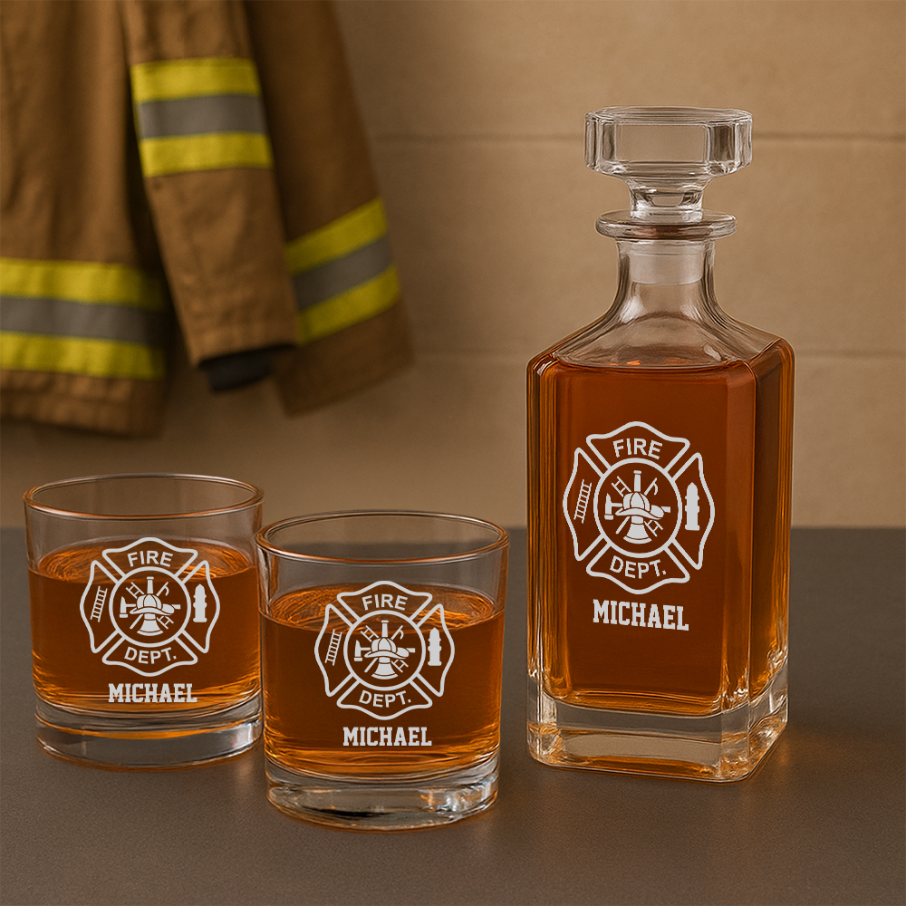 Personalized Firefighter Decanter With Whiskey Glasses Set, First Responder Gift, Firefighter Maltese Cross Decanter, Fireman Gift TNN017