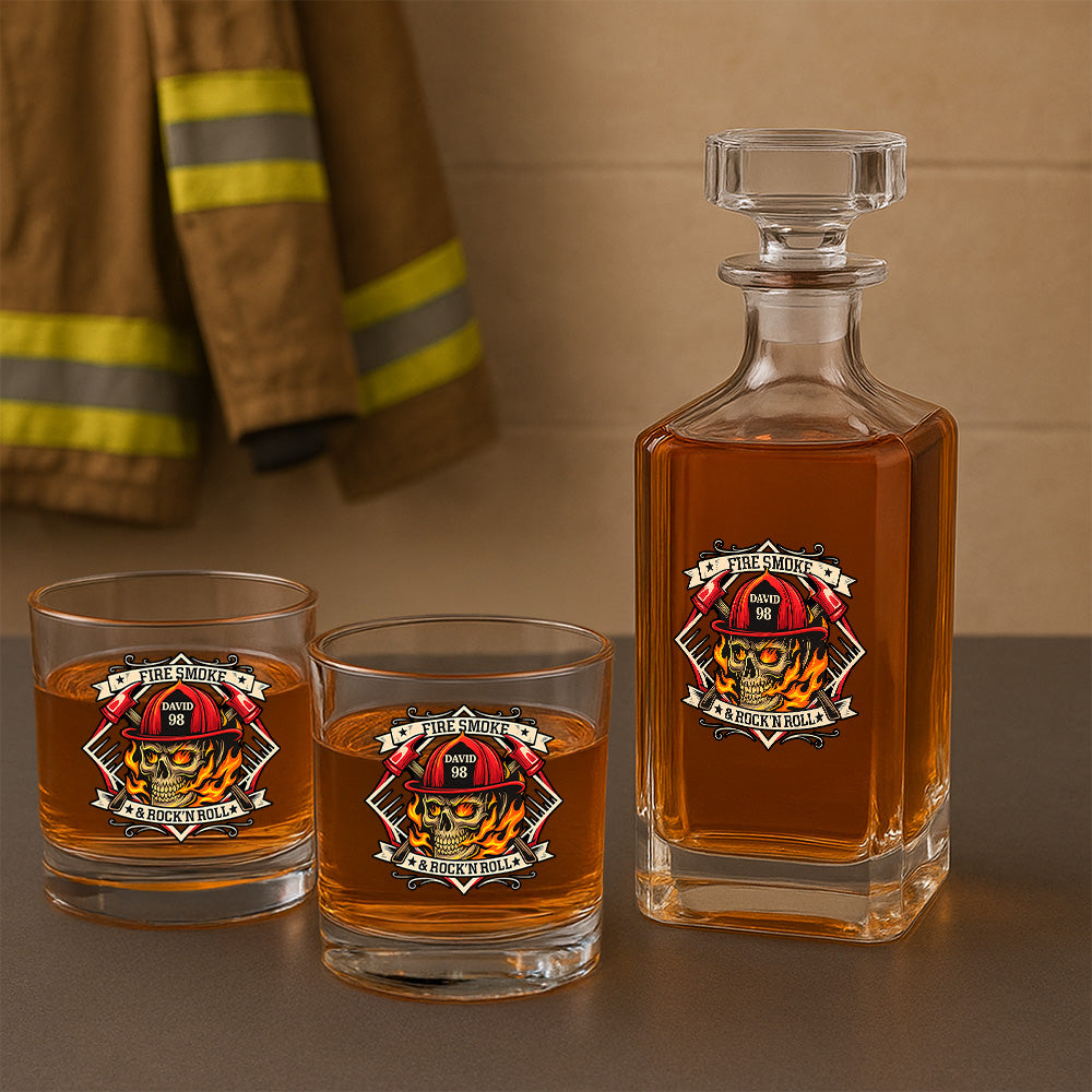 Personalized Fire Smoke & Rock n Roll Decanter, Gift For Fireman Decanter With Whiskey Glasses Set, First Responder Gift TNN025
