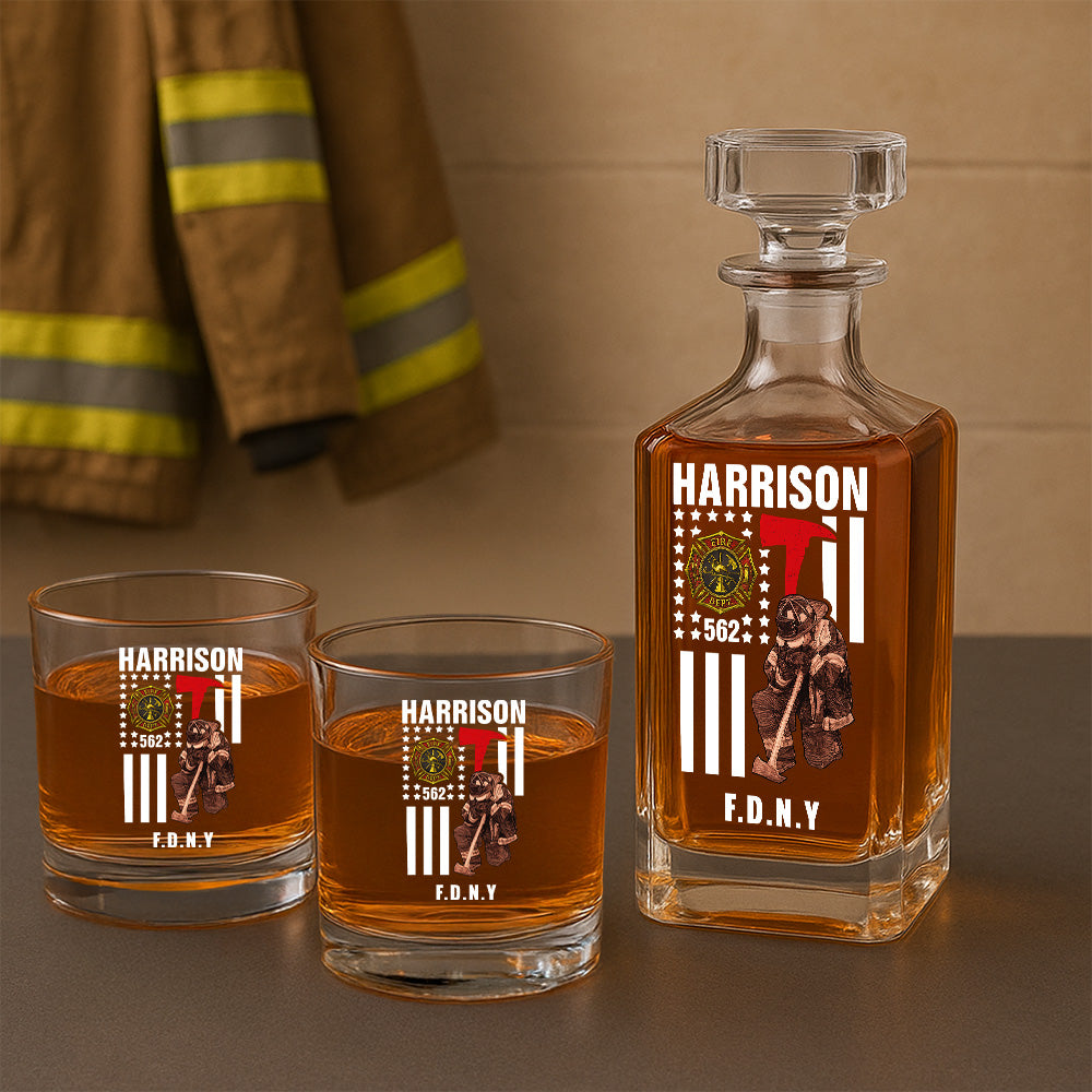 Personalized Gift For Firefighter Thin Red Line Decanter Set, Gift For Fireman, First Responder Gift TNN053