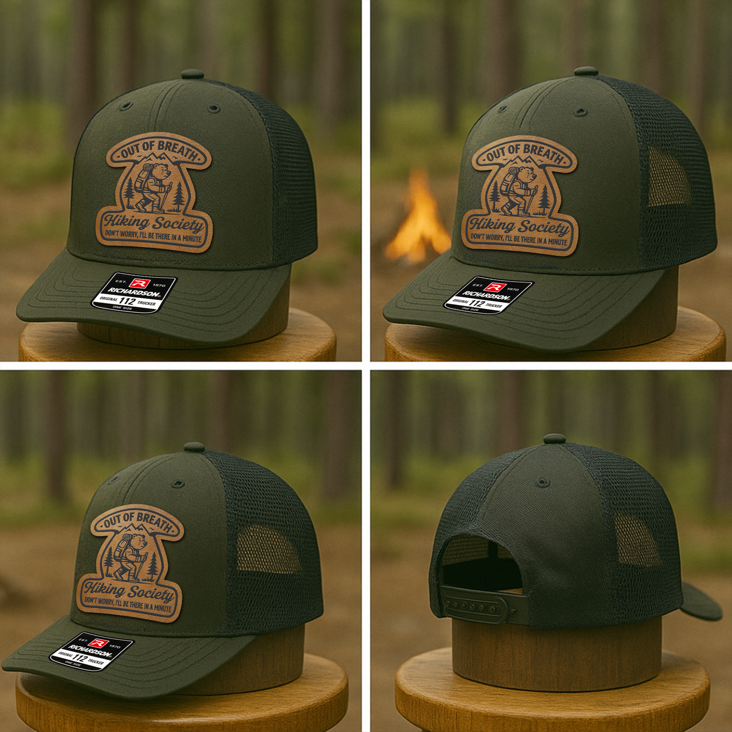Custom Hiking Trucker Hat – “Out of Breath Hiking Society” Funny Bear Patch VHA163