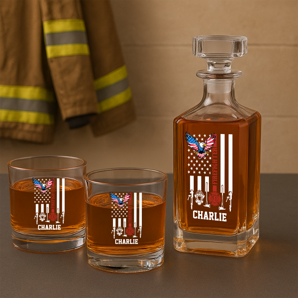 Personalized The Thin Red Line American Eagle Firefighter Decanter Set, Gift For Fireman, First Responder Gift TNN039