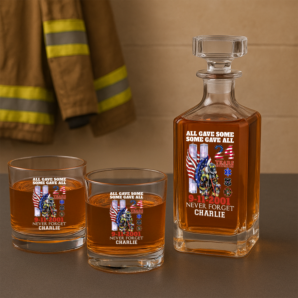 Personalized 24 Year Anniversary Patriot Day 9-11-2001 Never Forget Decanter Set, Gift For Fireman, First Responder Gift TNN045