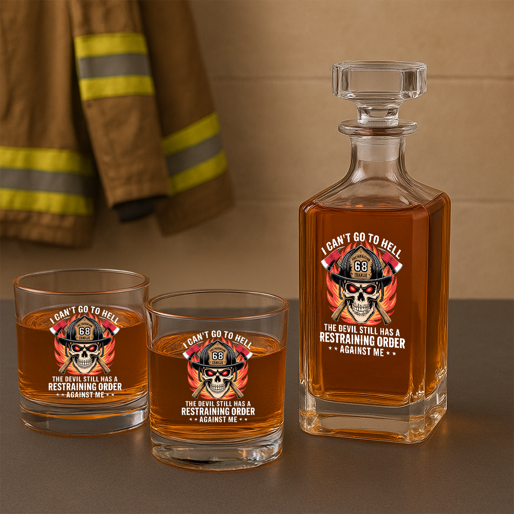 Personalized Firefighter I Can't Go To Hell Decanter, Gift For Fireman Decanter With Whiskey Glasses Set, First Responder Gift TNN028