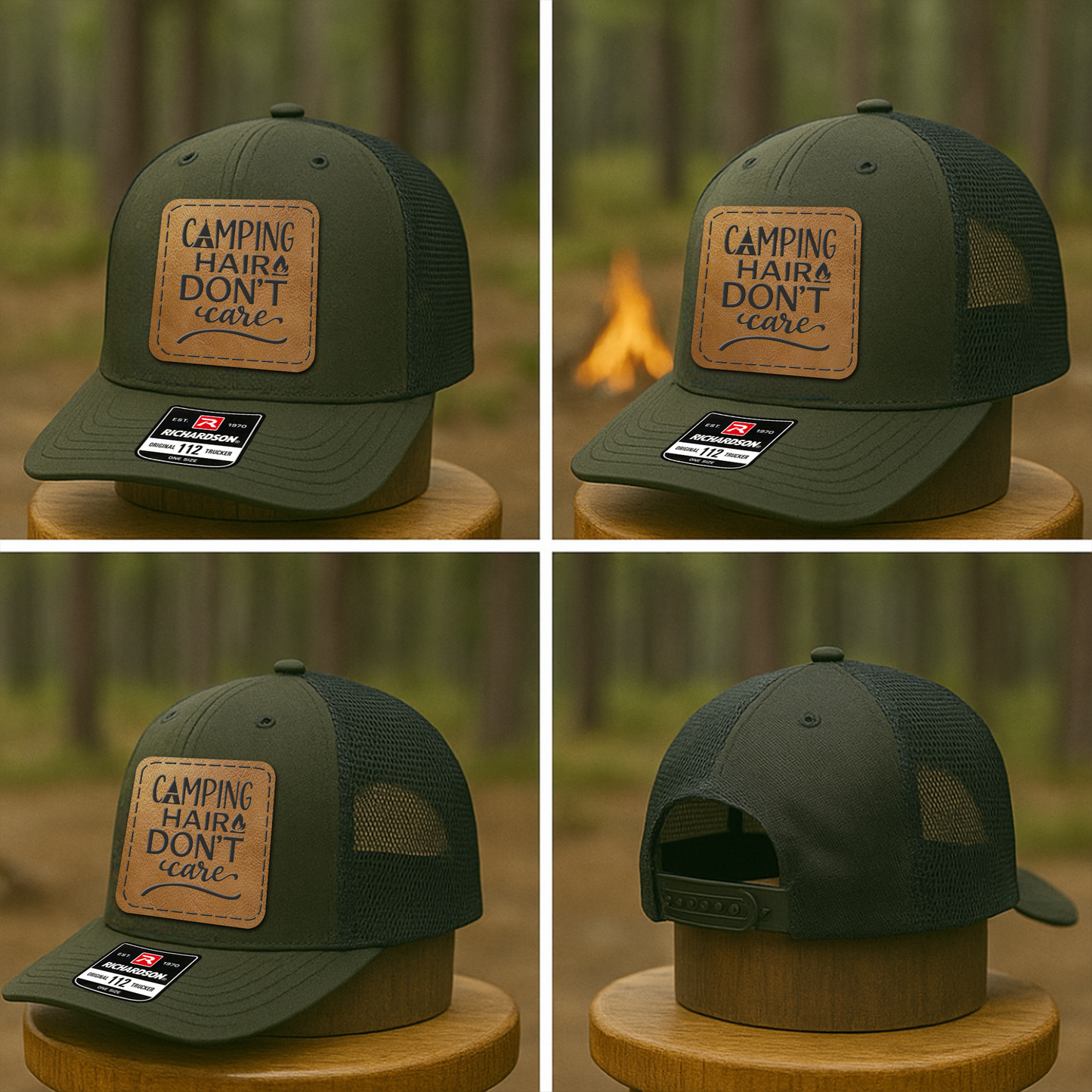 Custom Camping Trucker Hat – “Camping Hair Don’t Care” Funny Richardson 112 Outdoor Cap VHA163