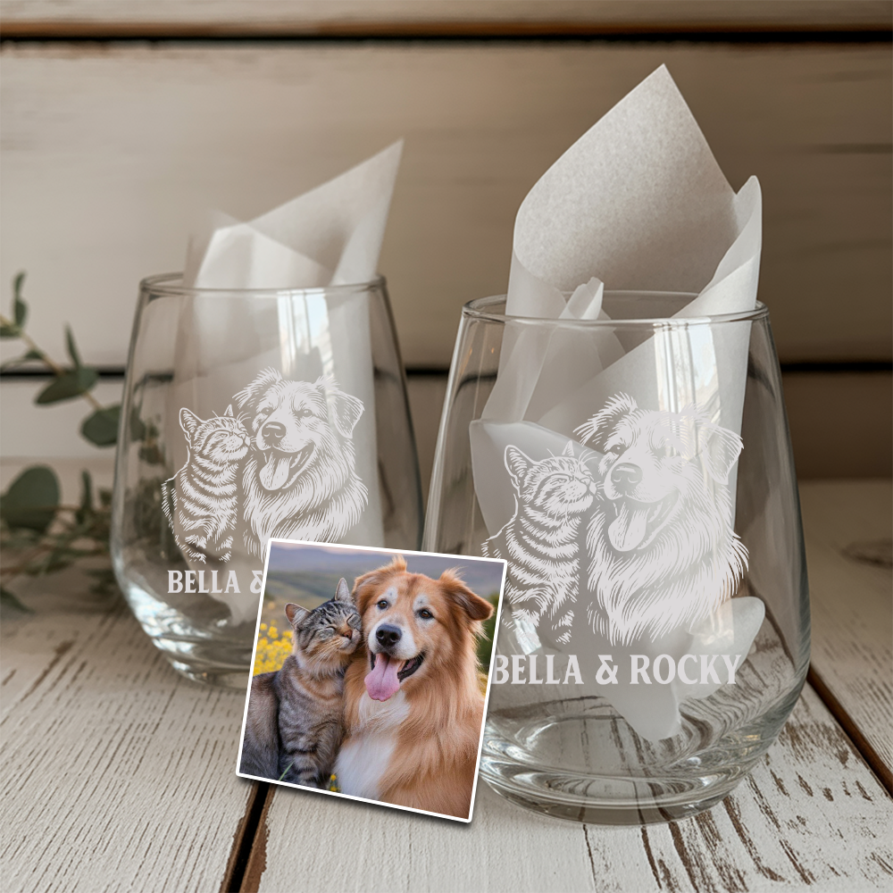 Custom Photo Dog & Cat Stemless Wine Glass | Personalized Pet Photo Stemless Wine Glass | Pet Lover Gift TNNGL15