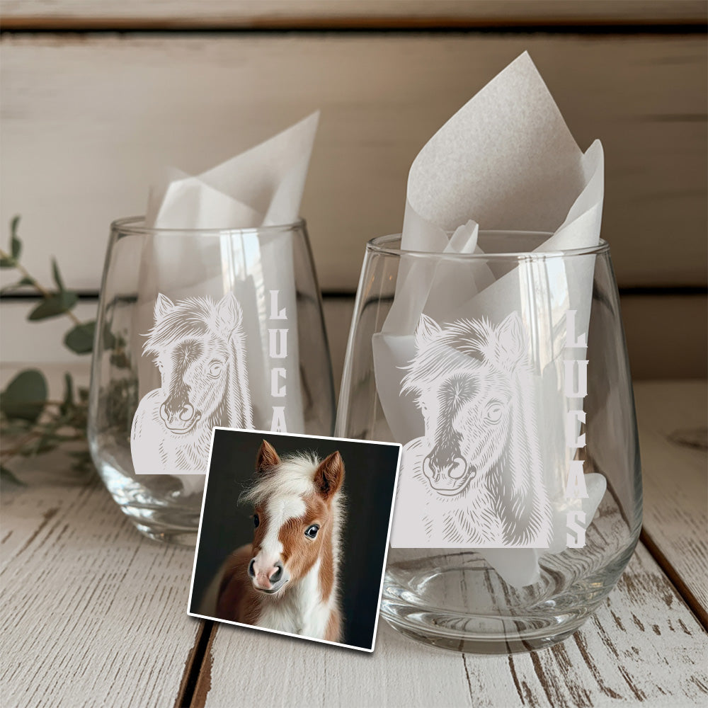 Custom Photo Horse Stemless Wine Glass | Personalized Pet Photo Stemless Wine Glass | Gift For Pet Owners TNNGL52