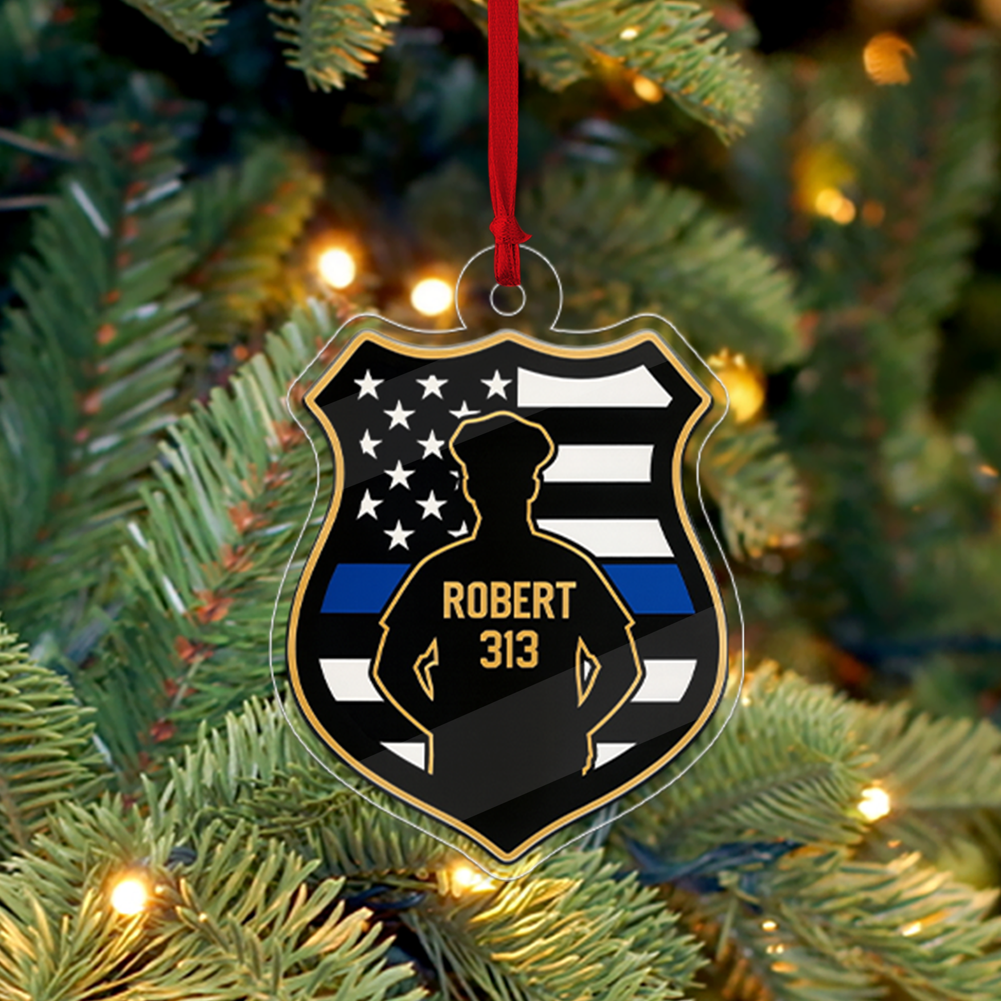 Custom Policeman Christmas Tree Ornament, Police Officer Christmas Decor, Gift for Dad, Husband, Thin Blue Line Police Badge Ornament