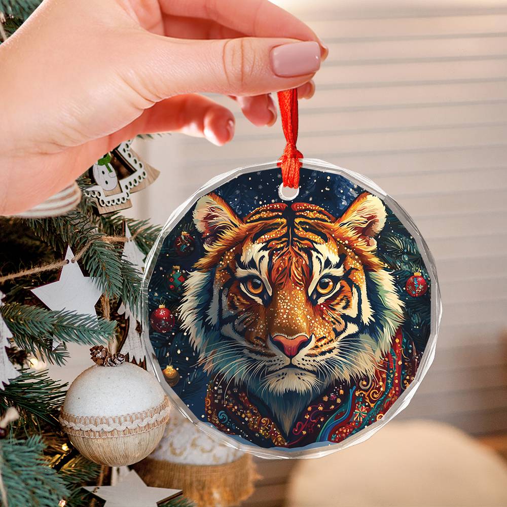 Beautiful Tiger Christmas Night Design 1 Glass Ornament
