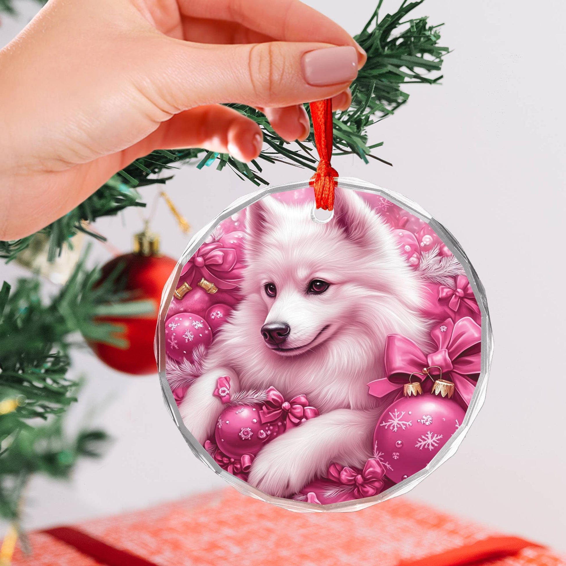 Samoyed Dog Pink Christmas Design 2 Glass Ornament