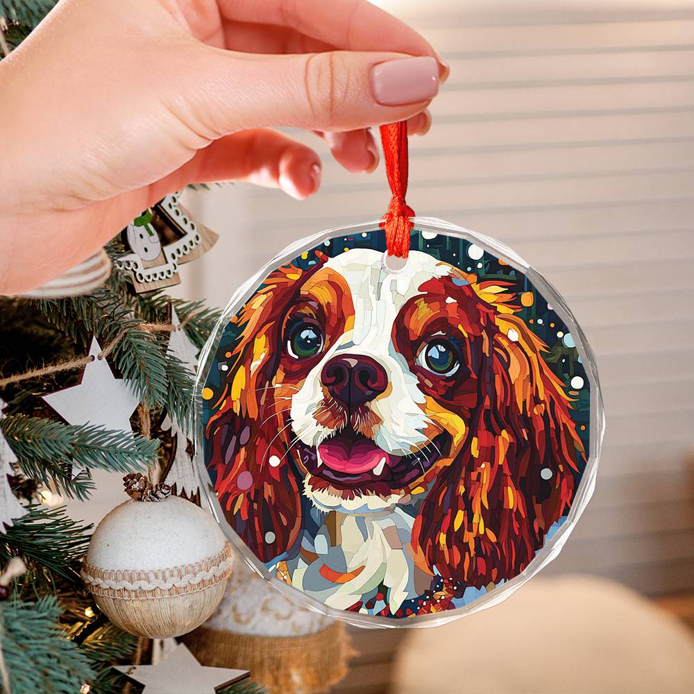 Beautiful Angus Cavalier King Charles Spaniel Dog Christmas Night Design 4 Glass Ornament